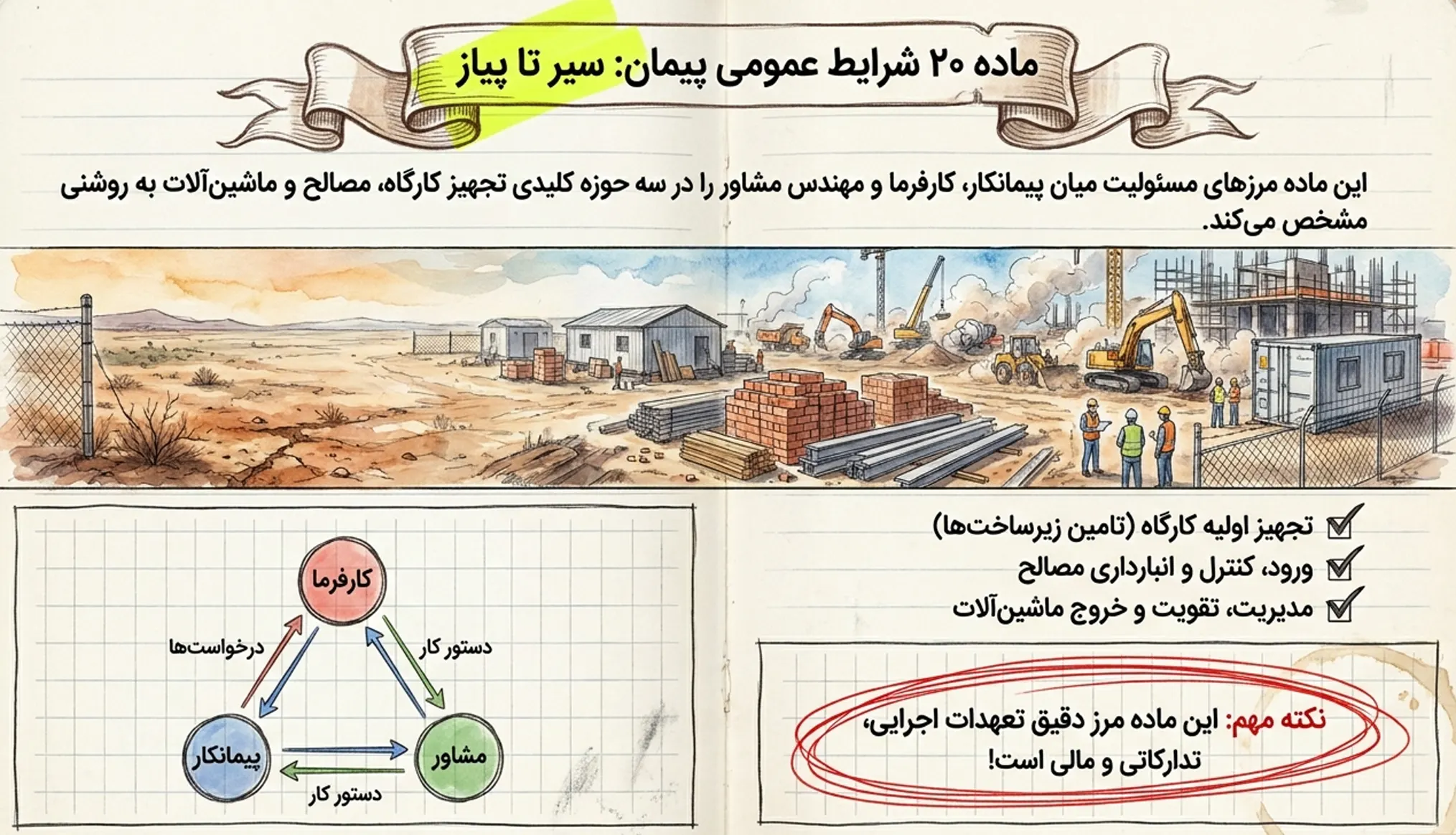 ماده ۲۰ شرایط عمومی پیمان - تجهیز کارگاه، تأمین مصالح و ماشین‌آلات