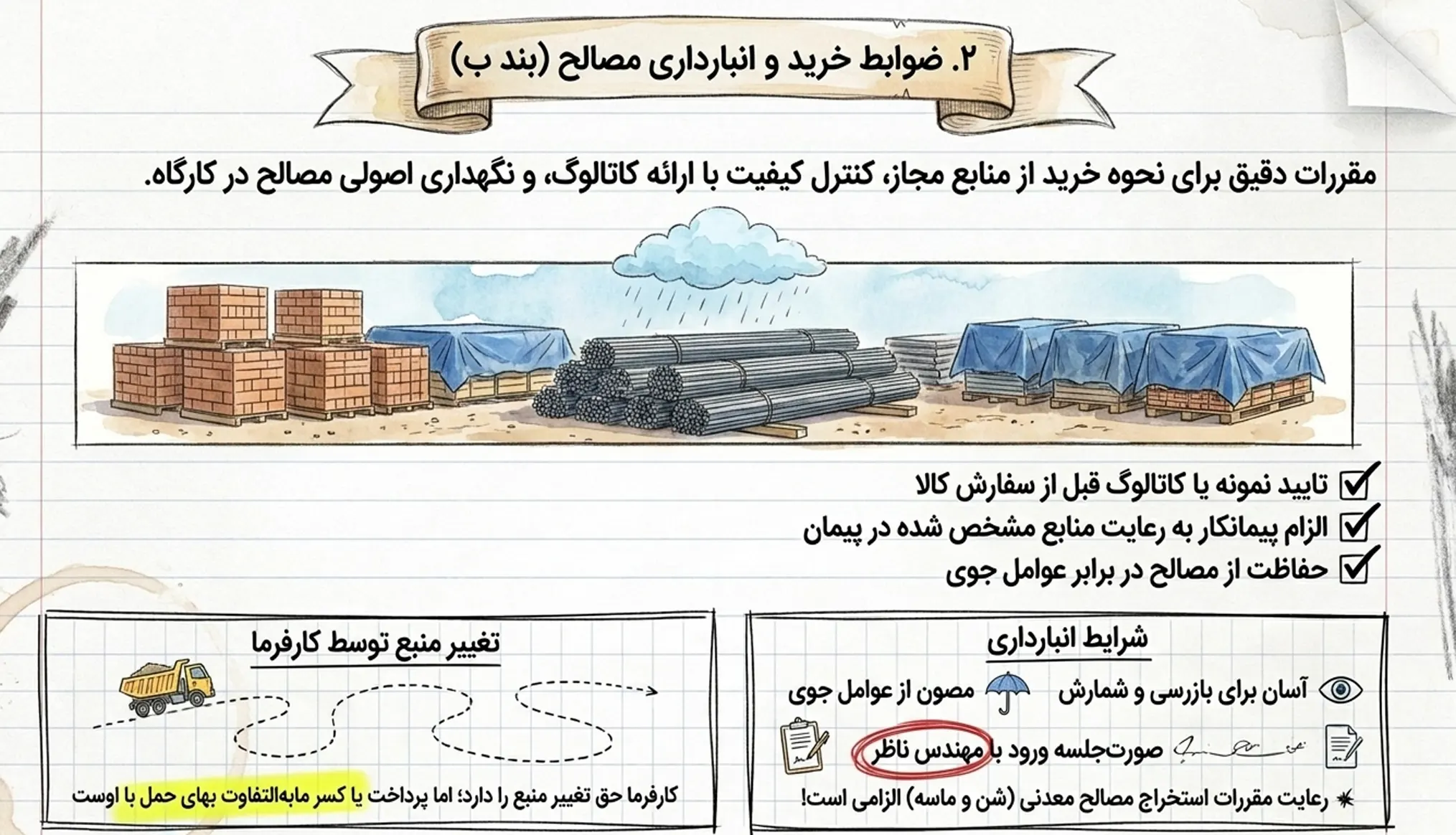 ضوابط خرید، تأیید و انبارداری مصالح در ماده ۲۰ شرایط عمومی پیمان