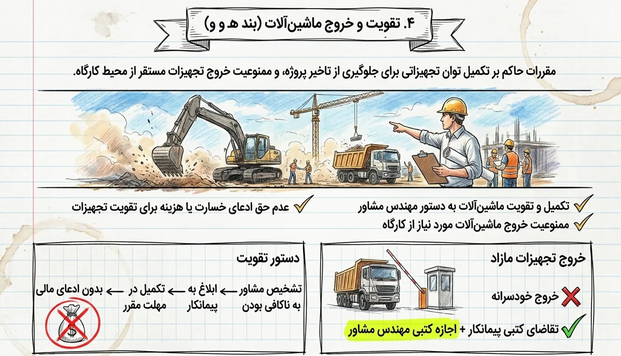 تقویت و خروج ماشین‌آلات کارگاه در ماده ۲۰ شرایط عمومی پیمان