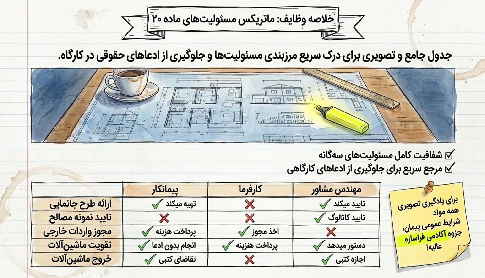 خلاصه وظایف ارکان پیمان در ماده ۲۰ شرایط عمومی پیمان
